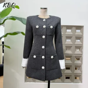 KBQ Temperament Spliced Button Slimming Dresses for Women Round Neck Long Sleeveless Elegant Dress Female Fashion Winter Style