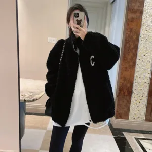 2024 Autumn Winter Fleece Fluffy Jacket Streetwear Zipper Coat Women Plush Warm Outerwear Letter Splice Female Sweatshirt